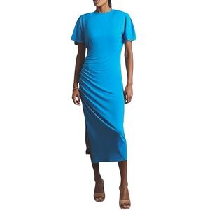 Reiss Ruched Side Jersey Knit Blue Midi Dress Size 2